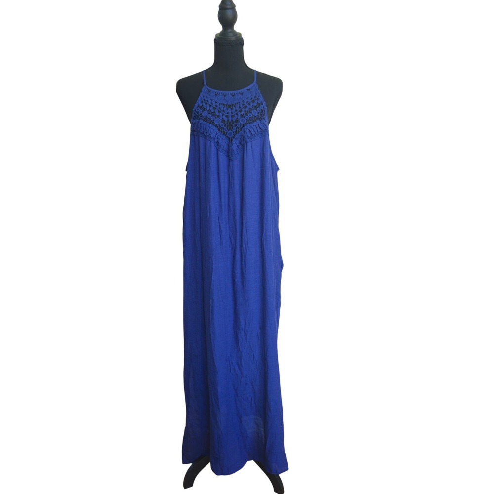 Royal‎ Blue Halter Maxi Crochet Lace Keyhole Neckline XXL Boho Resortwear Beach